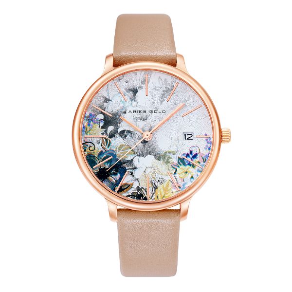 ARIES GOLD ENCHANT FLEUR ROSE GOLD STAINLESS STEEL L 5035 RG-GYFL LEATHER STRAP WOMEN'S WATCH